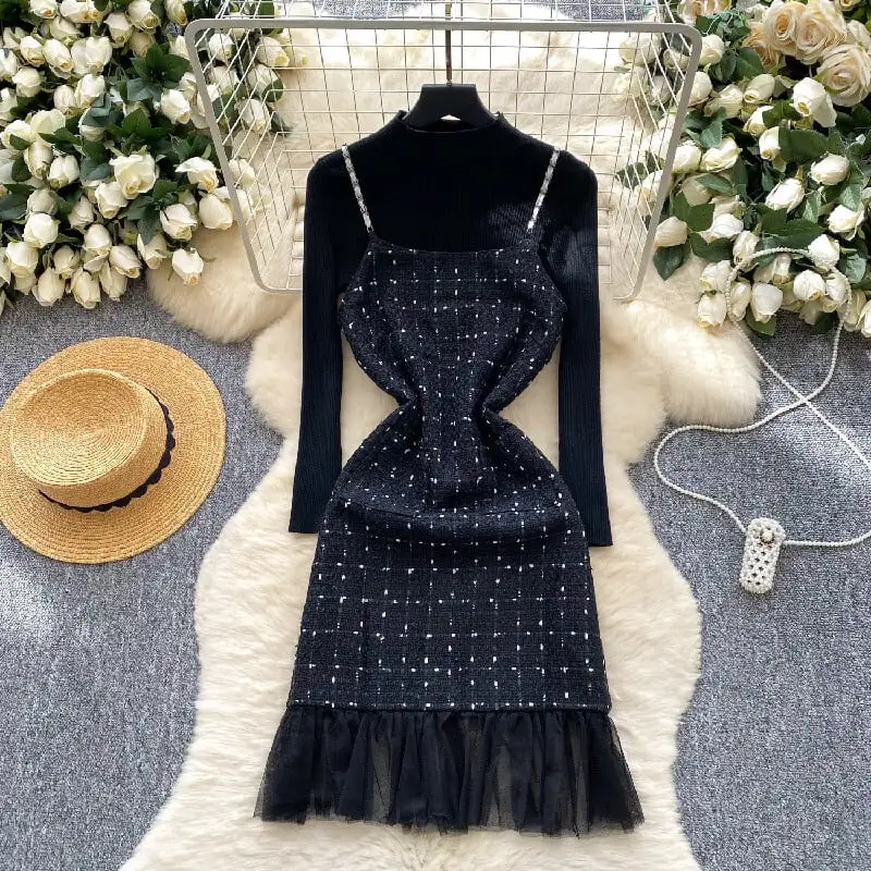 セットアップ トップス+ベストワンピース チェック柄 メッシュ ブラック