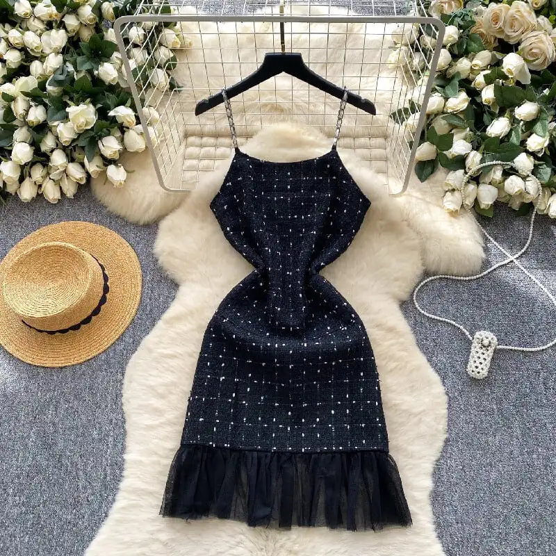 セットアップ トップス+ベストワンピース チェック柄 メッシュ ブラック