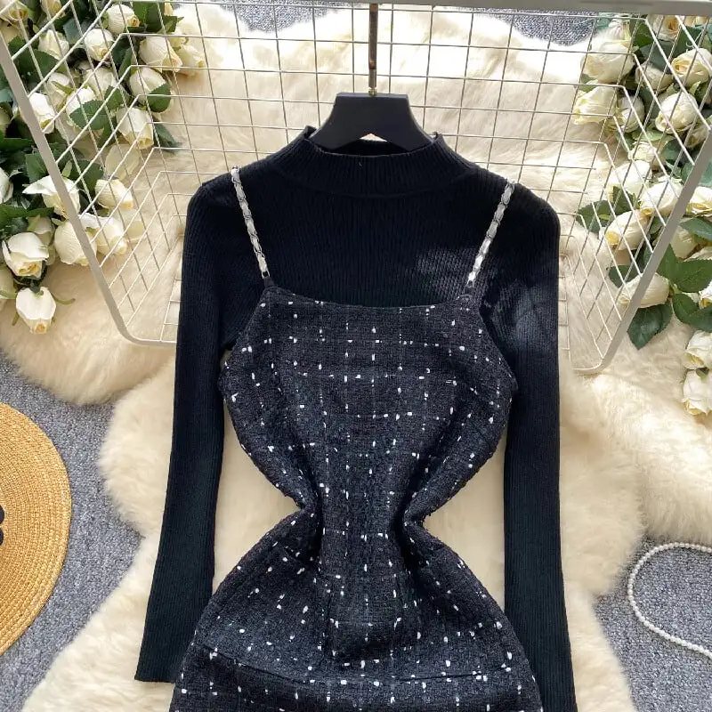 セットアップ トップス+ベストワンピース チェック柄 メッシュ ブラック