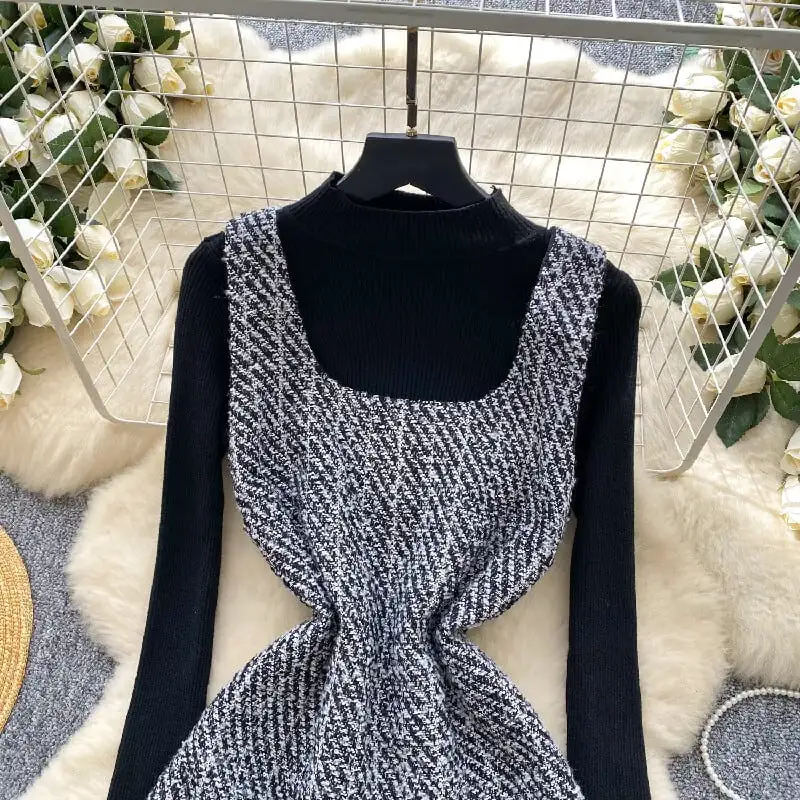 セットアップ トップス+ベストワンピース スクエアネック ペプラム ブラック+グレー