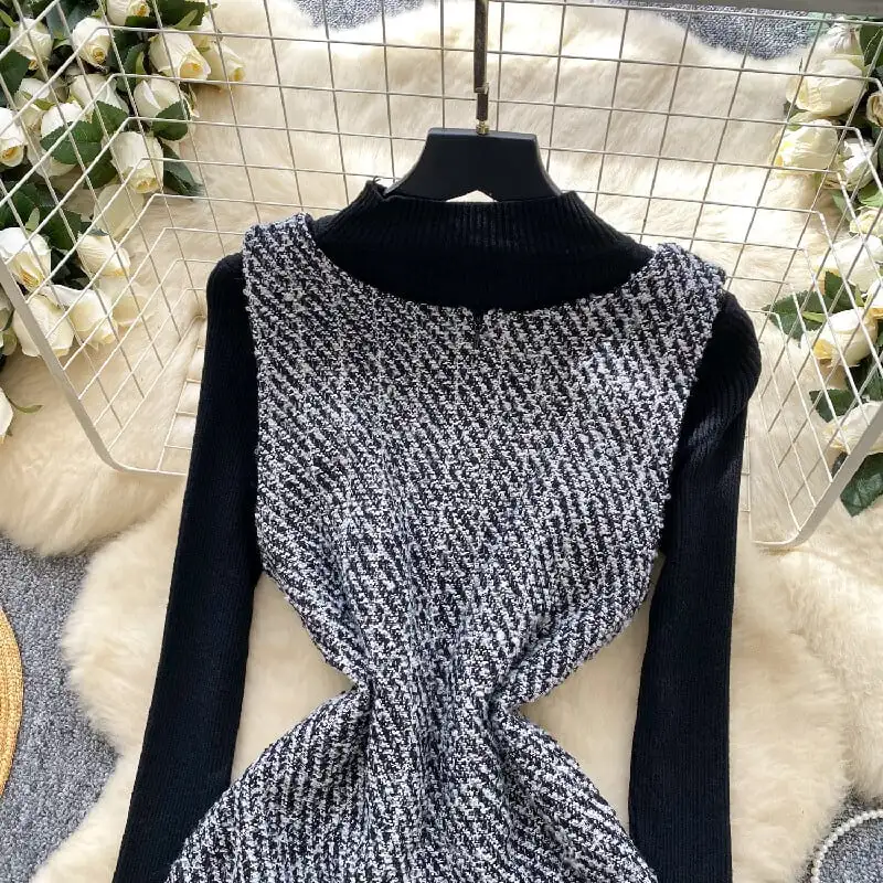 セットアップ トップス+ベストワンピース スクエアネック ペプラム ブラック+グレー