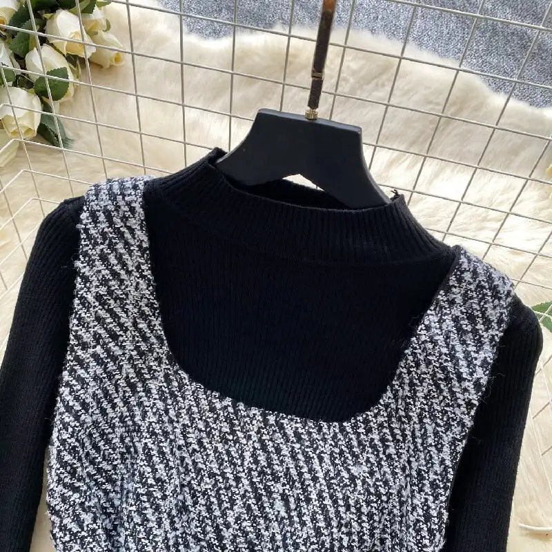 セットアップ トップス+ベストワンピース スクエアネック ペプラム ブラック+グレー