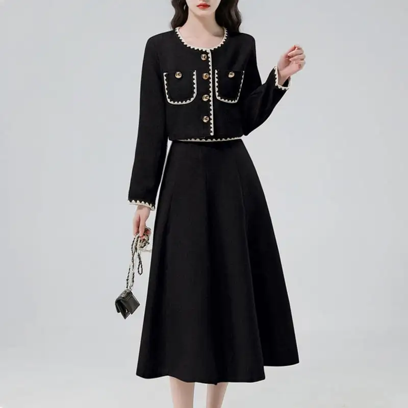 セットアップ トップス+スカート ラウンドネック 通勤 ライトグレー ブラック