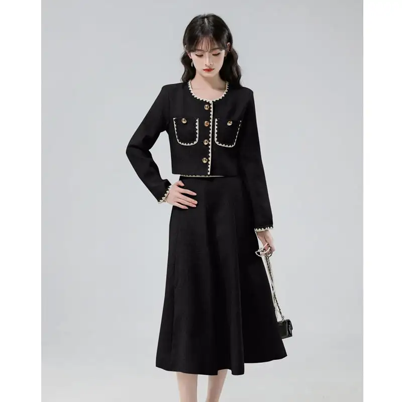 セットアップ トップス+スカート ラウンドネック 通勤 ライトグレー ブラック