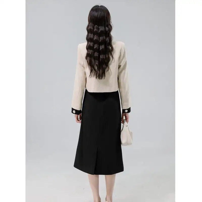 セットアップ トップス+スカート リボン エレガント ベージュ+ブラック