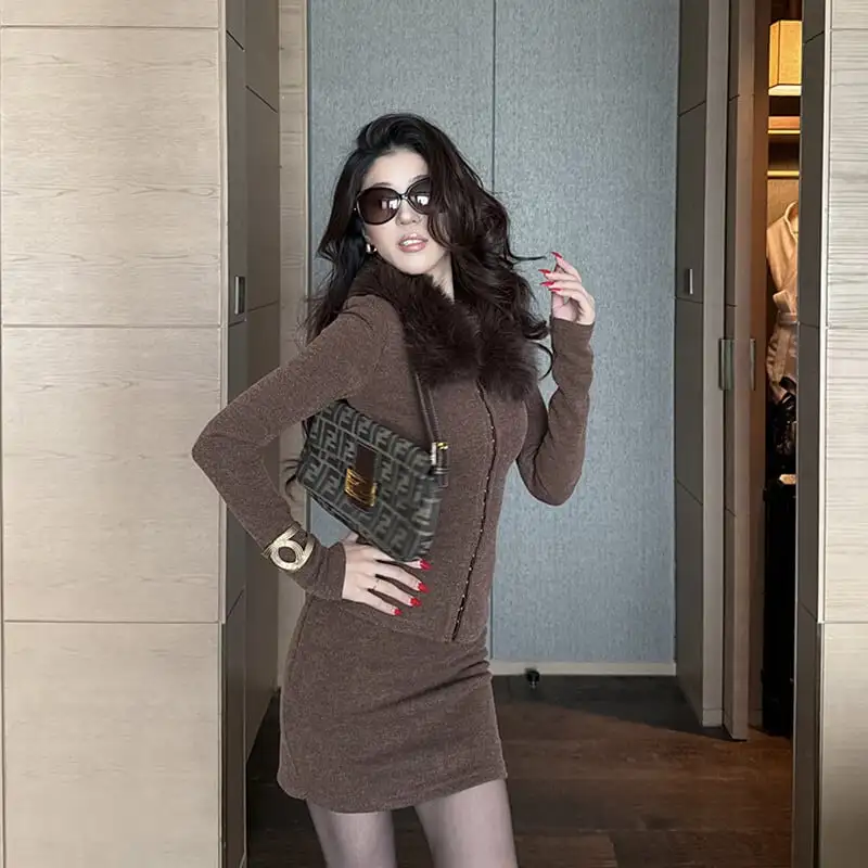 セットアップ トップス+スカート ふわふわ 着心地良い 長袖 ブラウン