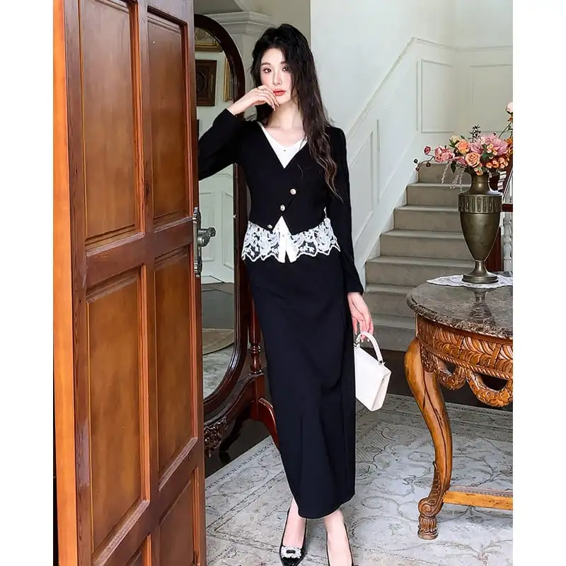 セットアップ トップス+スカート 長袖 気質満点 通勤 ブラック