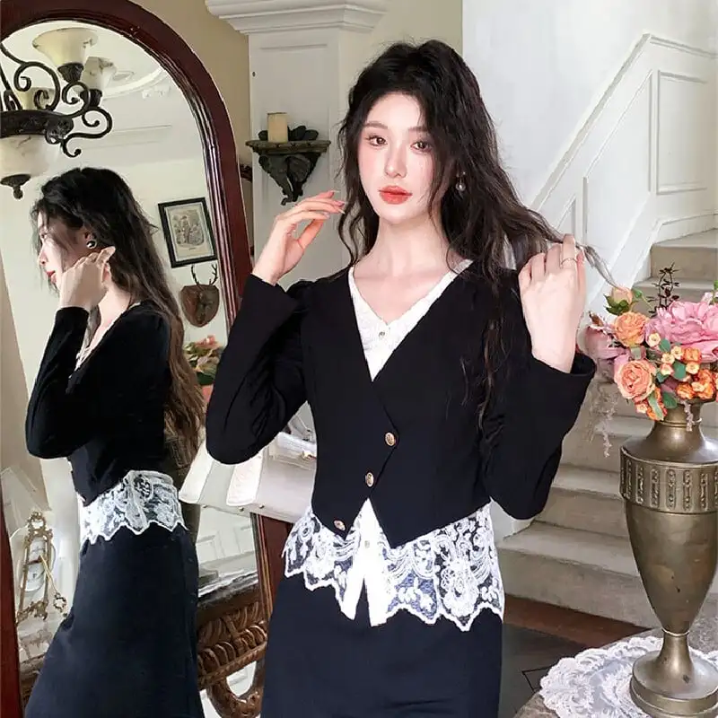 セットアップ トップス+スカート 長袖 気質満点 通勤 ブラック