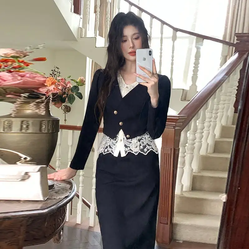 セットアップ トップス+スカート 長袖 気質満点 通勤 ブラック