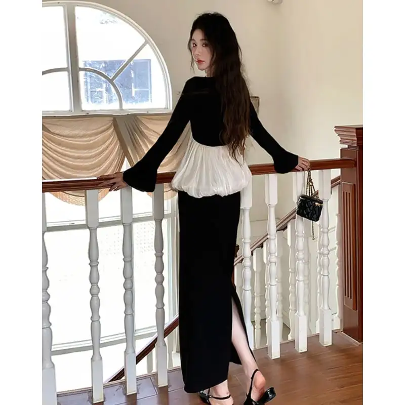 セットアップ トップス+スカート スピーカースリーブ 長袖 デザイン感 ブラック