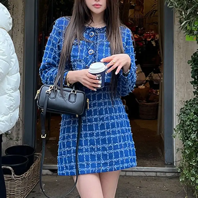 セットアップ ジャケット+スカート 2色展開 長袖 ツイード 着まわし抜群 ブルー ピンク