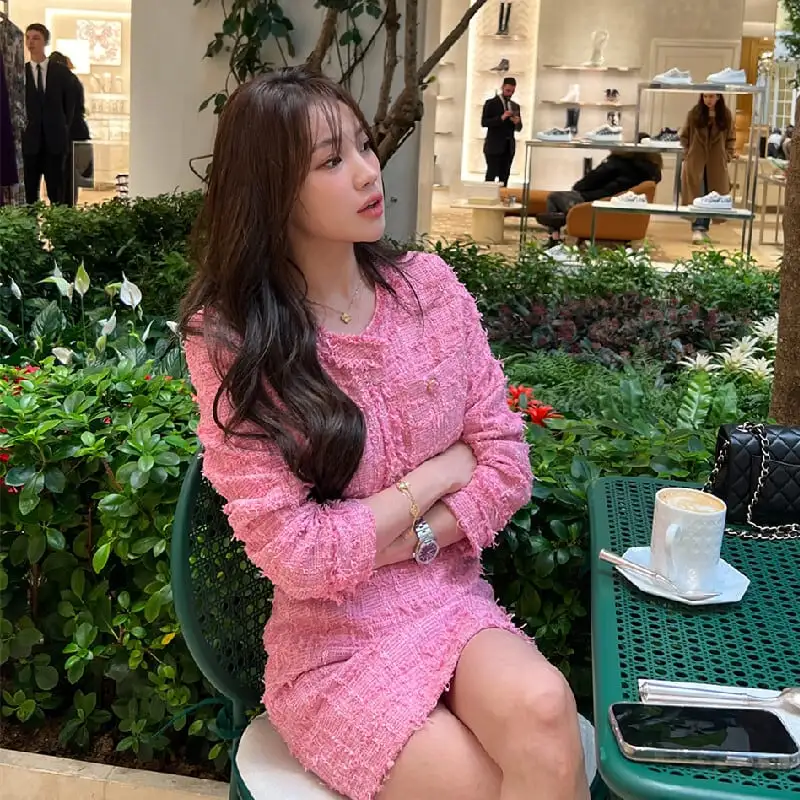 セットアップ ジャケット+スカート 2色展開 長袖 ツイード 着まわし抜群 ブルー ピンク