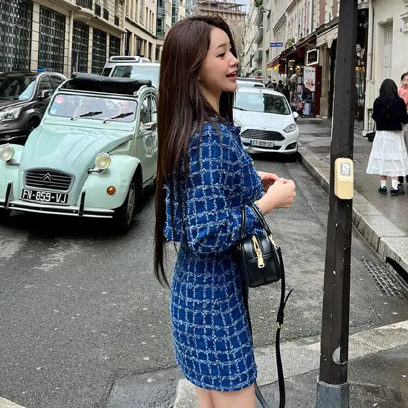 セットアップ ジャケット+スカート 2色展開 長袖 ツイード 着まわし抜群 ブルー ピンク