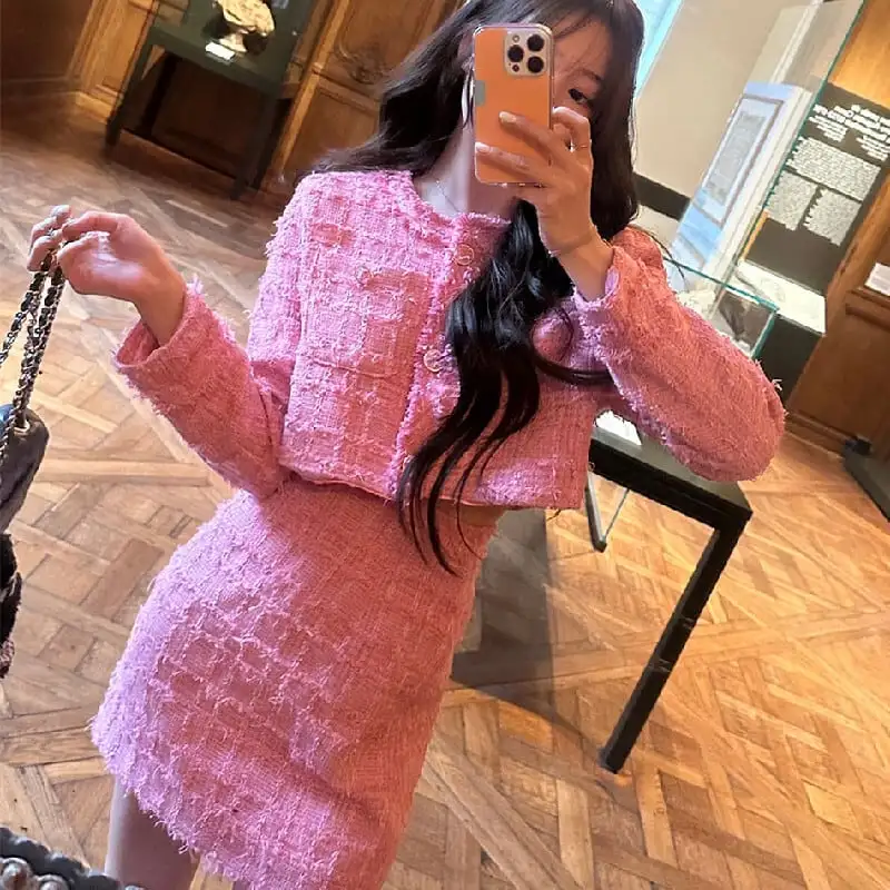 セットアップ ジャケット+スカート 2色展開 長袖 ツイード 着まわし抜群 ブルー ピンク