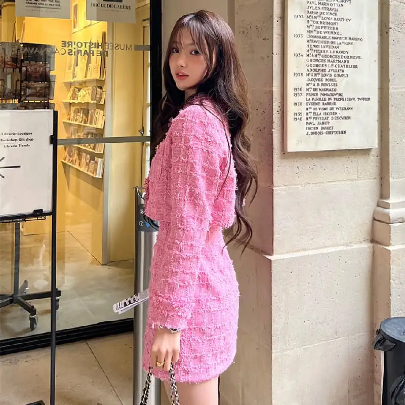 セットアップ ジャケット+スカート 2色展開 長袖 ツイード 着まわし抜群 ブルー ピンク