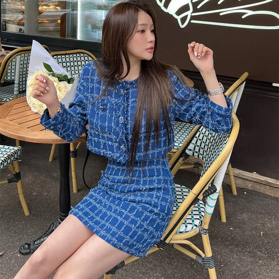 セットアップ ジャケット+スカート 2色展開 長袖 ツイード 着まわし抜群 ブルー ピンク