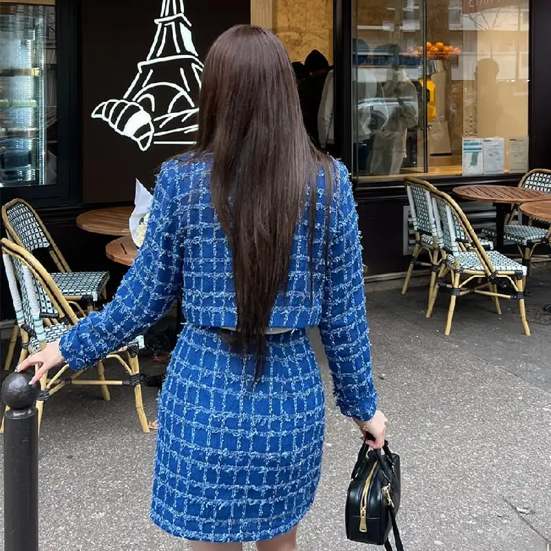 セットアップ ジャケット+スカート 2色展開 長袖 ツイード 着まわし抜群 ブルー ピンク