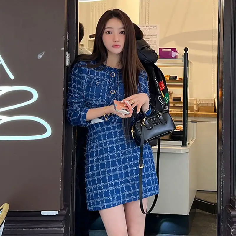 セットアップ ジャケット+スカート 2色展開 長袖 ツイード 着まわし抜群 ブルー ピンク