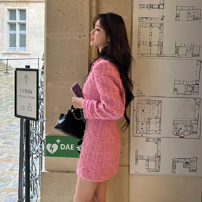 セットアップ ジャケット+スカート 2色展開 長袖 ツイード 着まわし抜群 ブルー ピンク