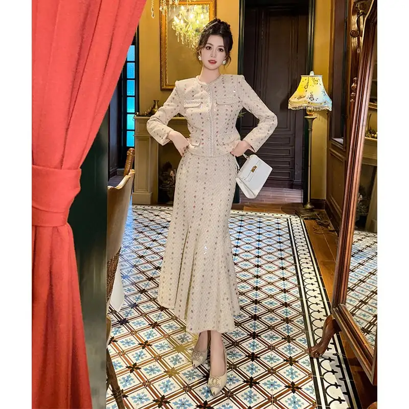 セットアップ デザイン感 ツイード フィッシュテール スパンコール トップス+スカート