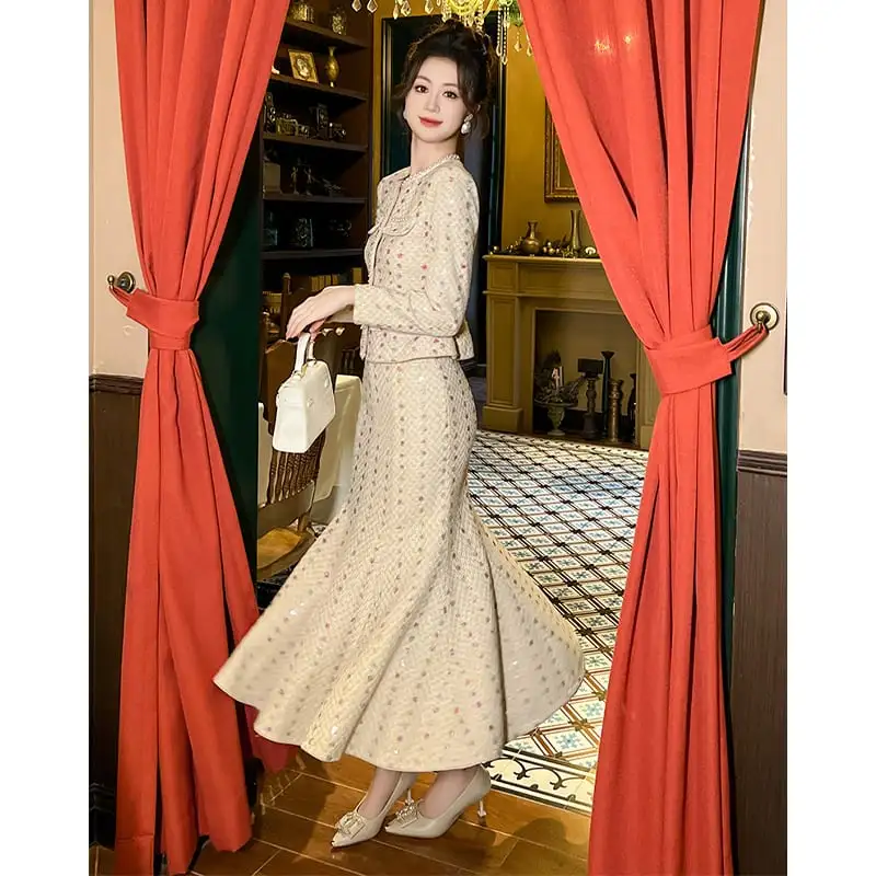 セットアップ デザイン感 ツイード フィッシュテール スパンコール トップス+スカート