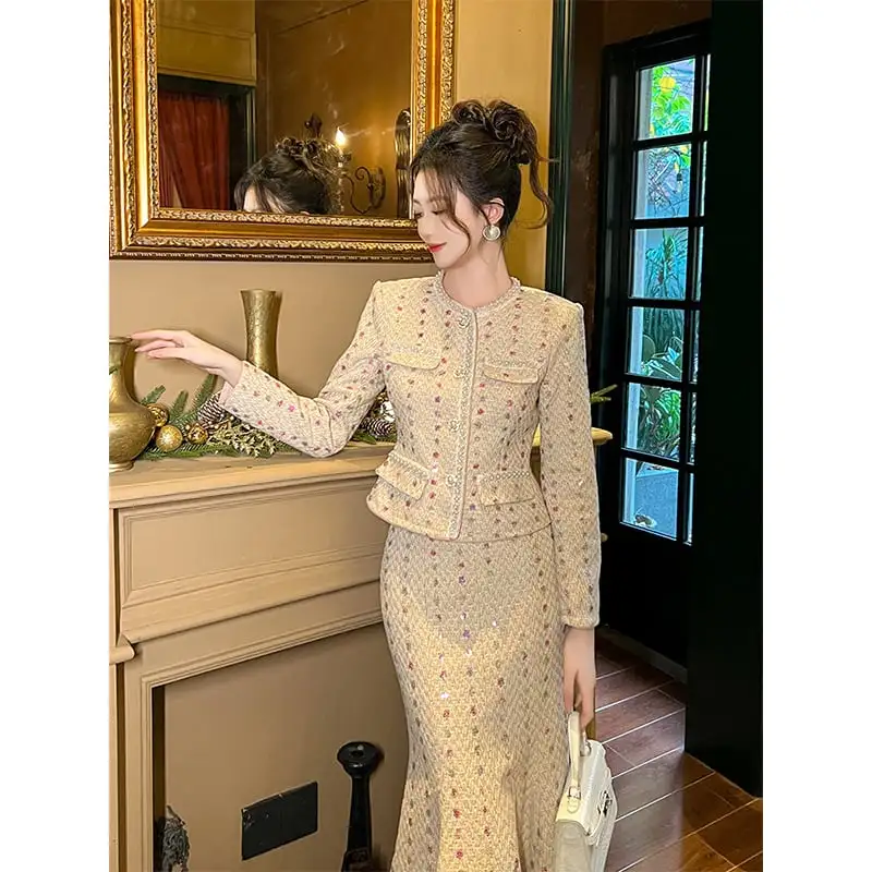 セットアップ デザイン感 ツイード フィッシュテール スパンコール トップス+スカート