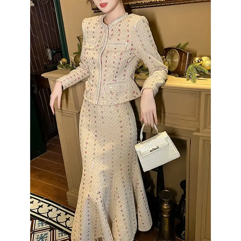 セットアップ デザイン感 ツイード フィッシュテール スパンコール トップス+スカート