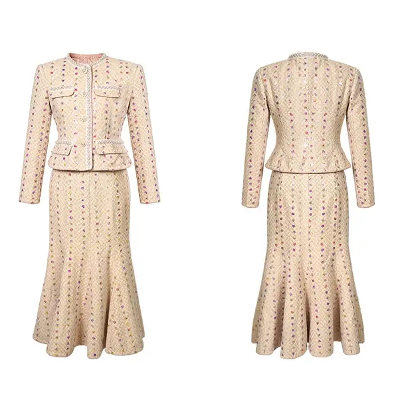 セットアップ デザイン感 ツイード フィッシュテール スパンコール トップス+スカート