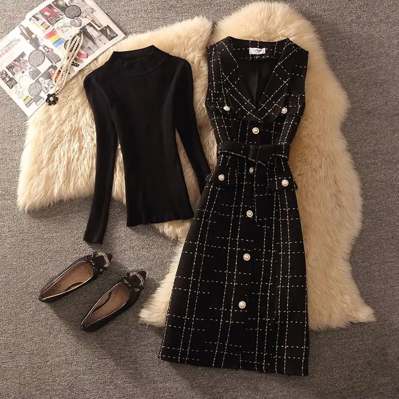セットアップ 2点セット 2色展開 ツイード トップス+ベストワンピース チェック柄 ホワイト ブラック S M L XL