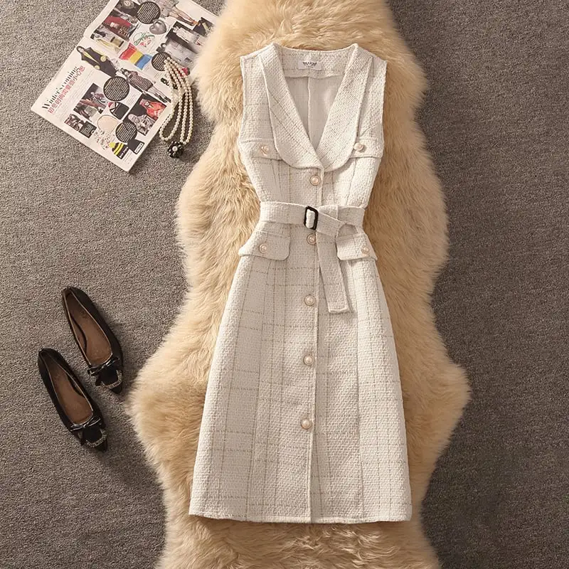 セットアップ 2点セット 2色展開 ツイード トップス+ベストワンピース チェック柄 ホワイト ブラック S M L XL