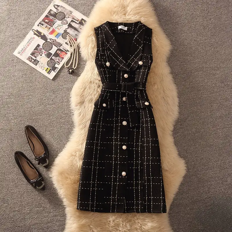 セットアップ 2点セット 2色展開 ツイード トップス+ベストワンピース チェック柄 ホワイト ブラック S M L XL