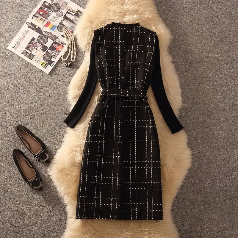 セットアップ 2点セット 2色展開 ツイード トップス+ベストワンピース チェック柄 ホワイト ブラック S M L XL