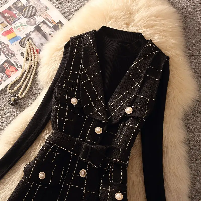 セットアップ 2点セット 2色展開 ツイード トップス+ベストワンピース チェック柄 ホワイト ブラック S M L XL