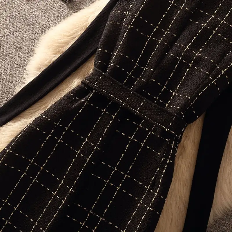 セットアップ 2点セット 2色展開 ツイード トップス+ベストワンピース チェック柄 ホワイト ブラック S M L XL