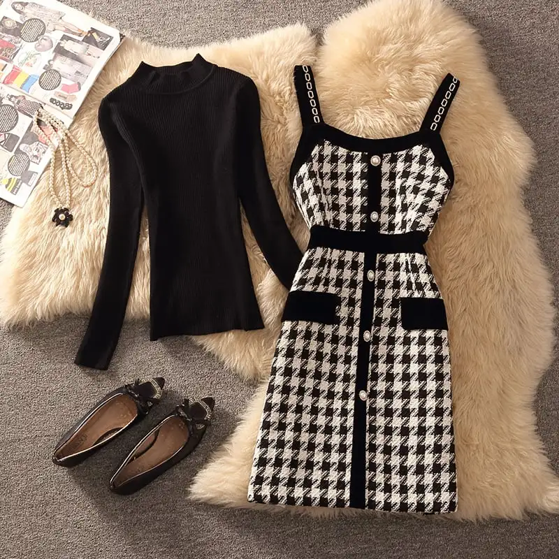 セットアップ 2点セット トップス+ベストワンピース 千鳥格子柄 通勤 ツイード ブラック