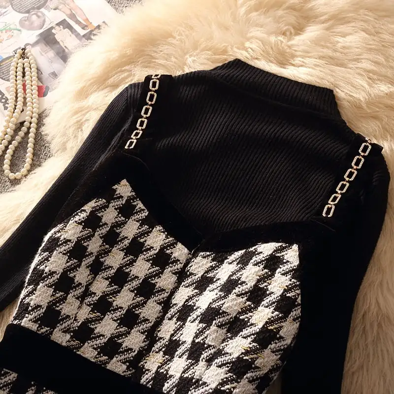 セットアップ 2点セット トップス+ベストワンピース 千鳥格子柄 通勤 ツイード ブラック