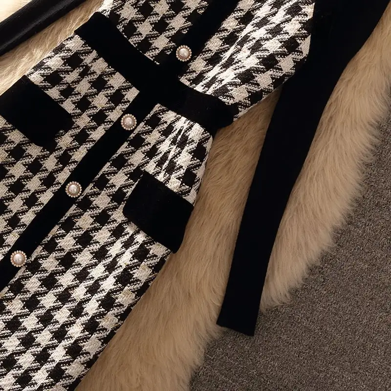 セットアップ 2点セット トップス+ベストワンピース 千鳥格子柄 通勤 ツイード ブラック
