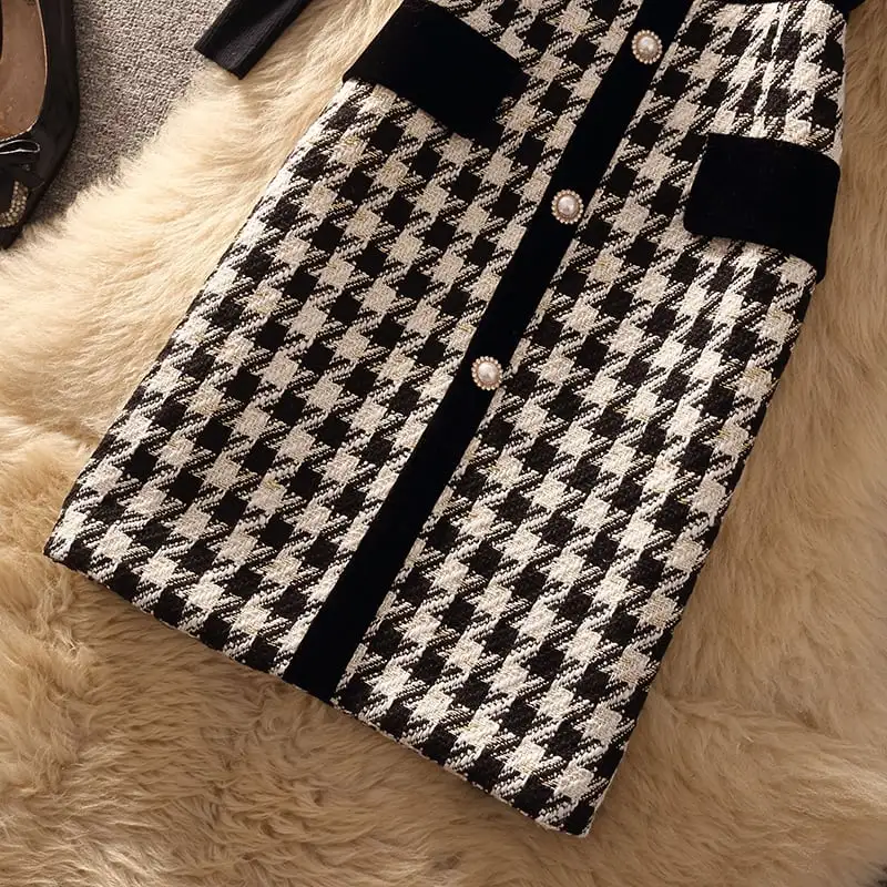 セットアップ 2点セット トップス+ベストワンピース 千鳥格子柄 通勤 ツイード ブラック