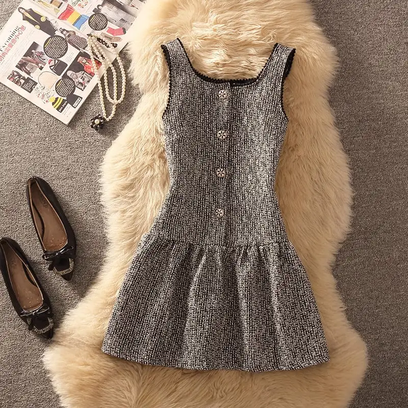 セットアップ 2点セット ニット トップス+ベストワンピース ペプラム グレー