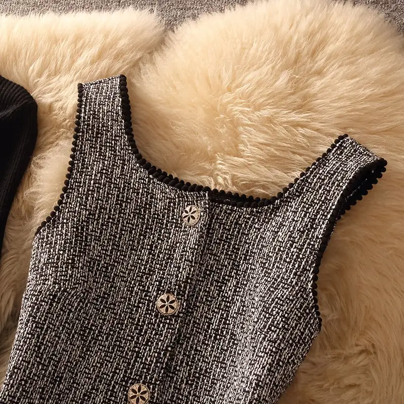 セットアップ 2点セット ニット トップス+ベストワンピース ペプラム グレー