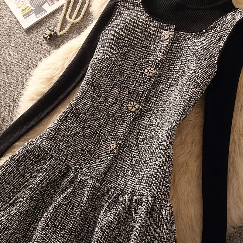 セットアップ 2点セット ニット トップス+ベストワンピース ペプラム グレー