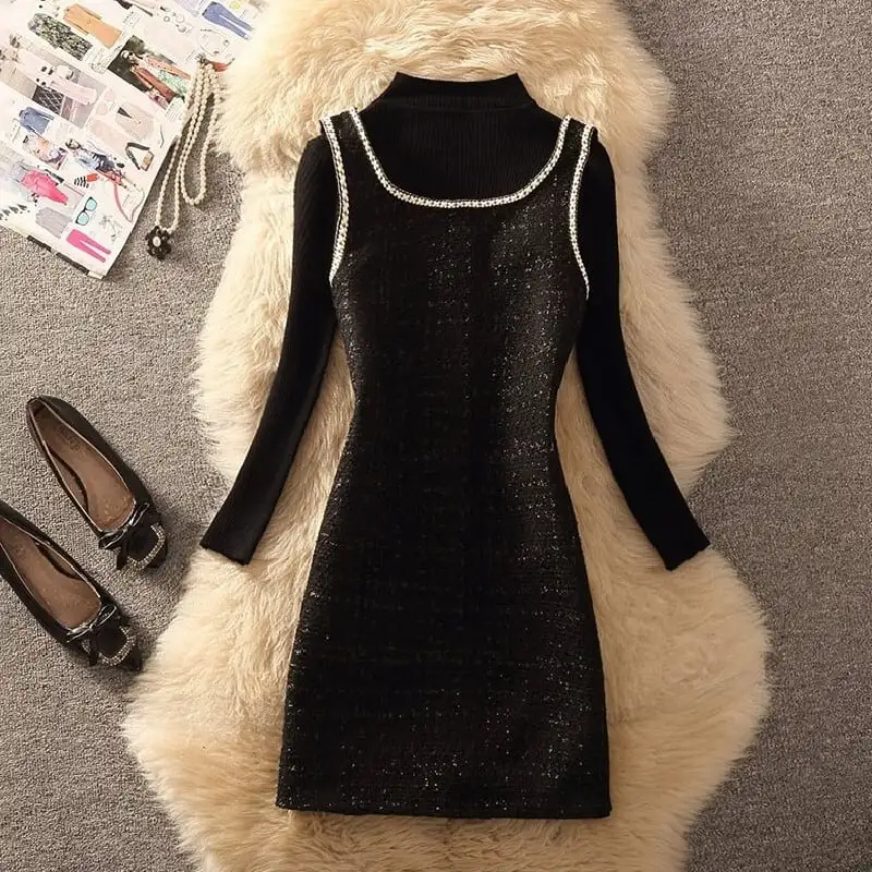 セットアップ 2点セット トップス+ベストワンピース ツイード シンプル ブラック