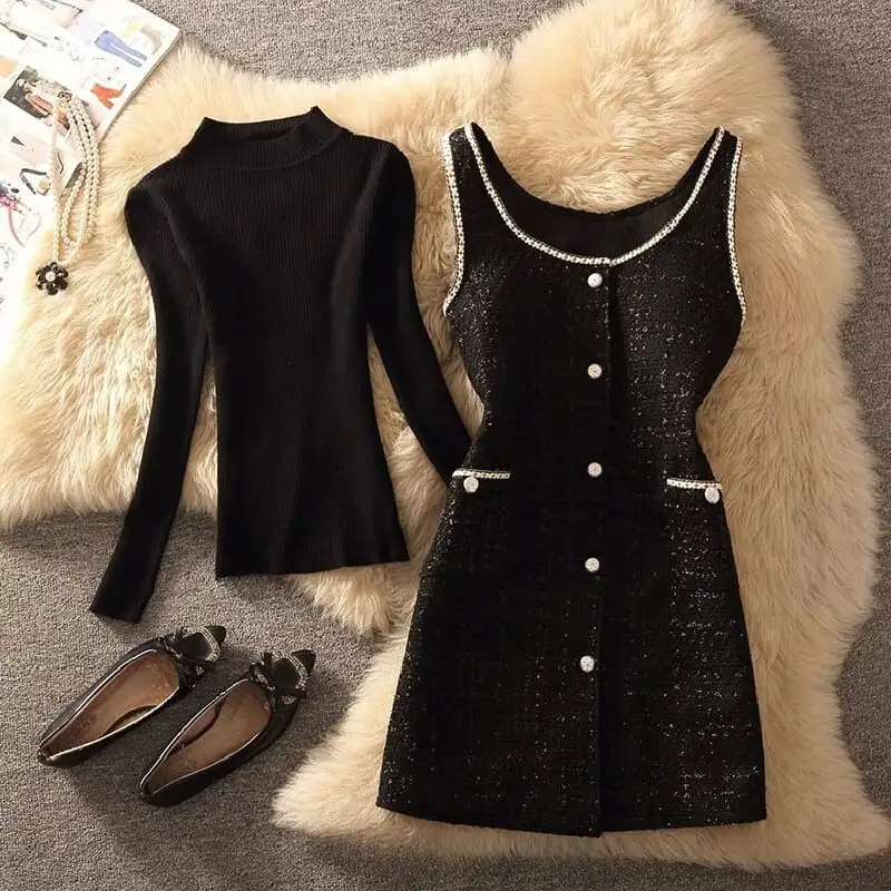 セットアップ 2点セット トップス+ベストワンピース ツイード シンプル ブラック