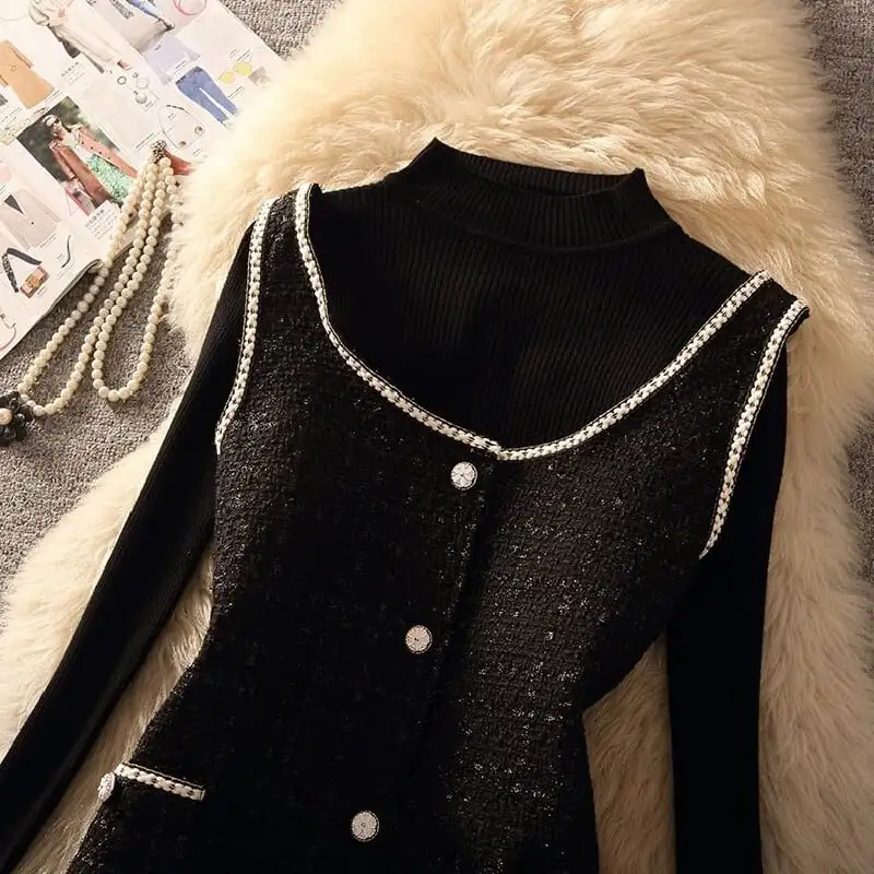 セットアップ 2点セット トップス+ベストワンピース ツイード シンプル ブラック