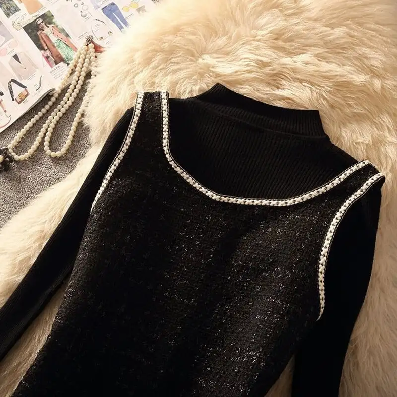 セットアップ 2点セット トップス+ベストワンピース ツイード シンプル ブラック