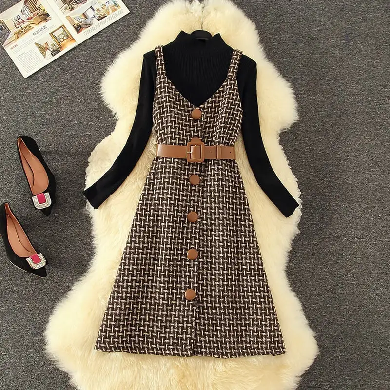 セットアップ トップス+ベストワンピース ニット シンプル シングルブレスト ブラウン