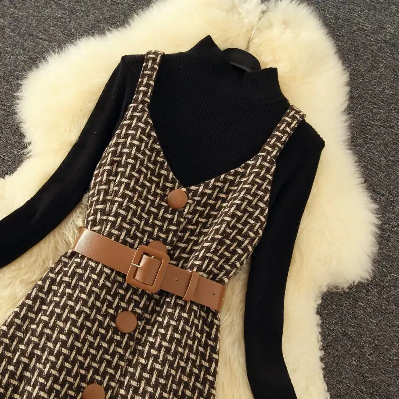 セットアップ トップス+ベストワンピース ニット シンプル シングルブレスト ブラウン