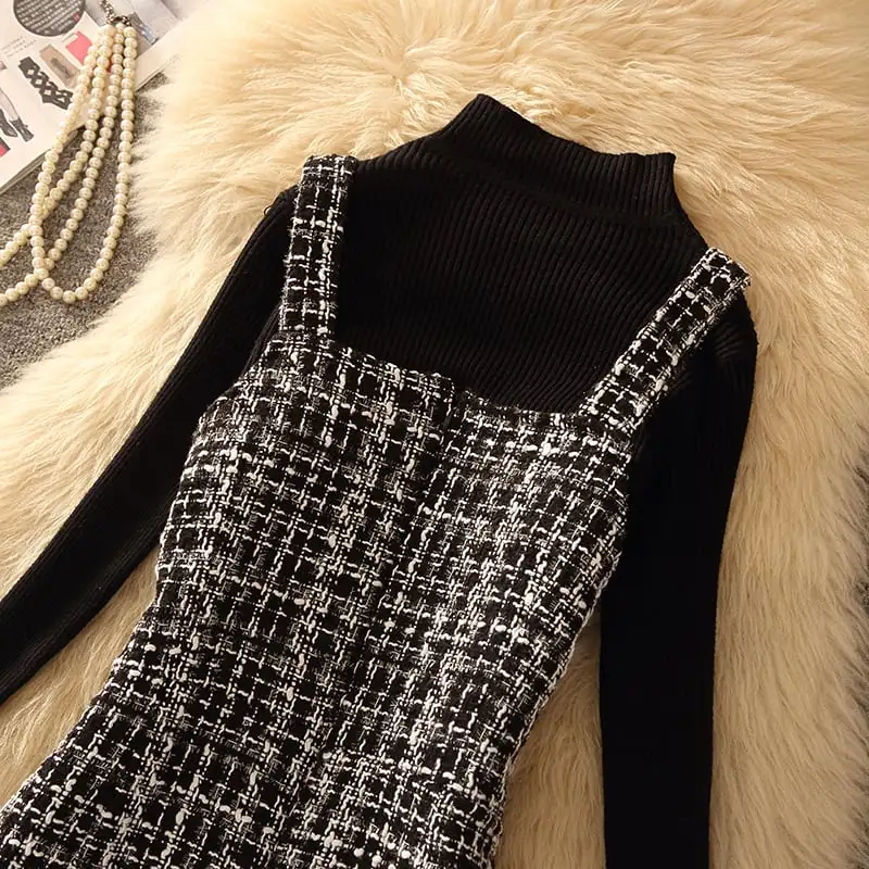 セットアップ 2点セット 2色展開 ツイード トップス+ベストワンピース ペプラム ブラック ピンク