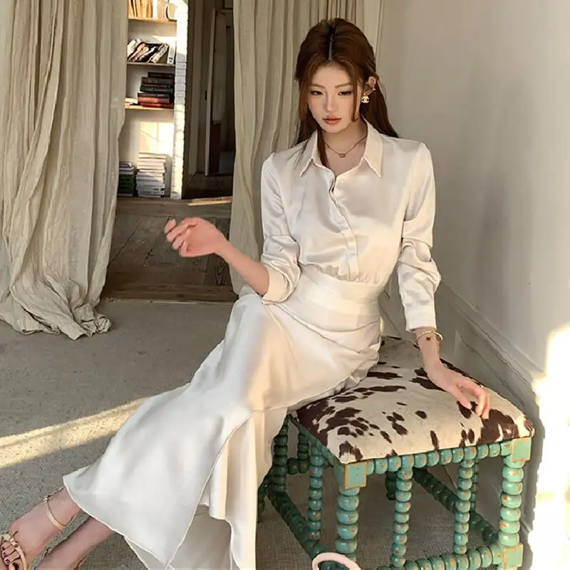 セットアップ トップス+スカート 気質溢れる 落ち感 長袖 ベージュ