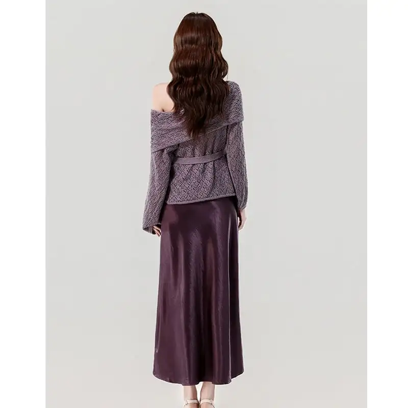 セットアップ トップス+スカート 2色展開 オフショルダー 気質溢れる パープル ベージュ